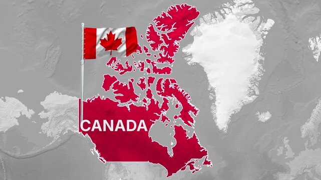 Canada map with national flag, 3d illustration of canadian territory on a gray world map background