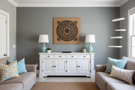 Coastal living room features soft tones and calm design