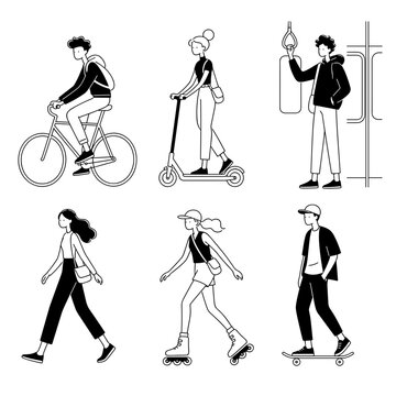 People using different modes of transport including cycling, scooting, and skating, 9 pcs vector isolated illustrations set  