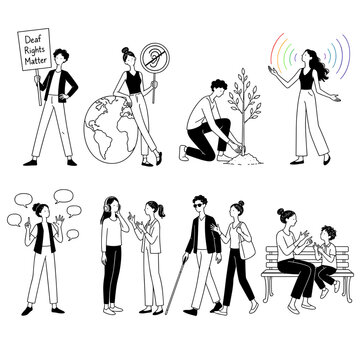 Diverse individuals promoting International Deaf Awareness through various actions and interactions, 9 pcs vector isolated illustrations set  