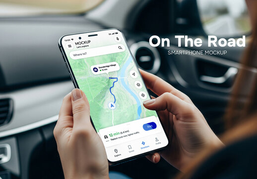 Using smartphone in car, mobile navigation design mockup
