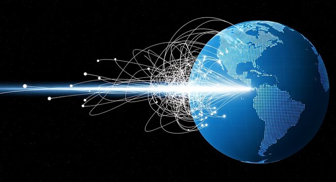 Digital blue globe with data connection lines and glowing light rays on a dark black space background
