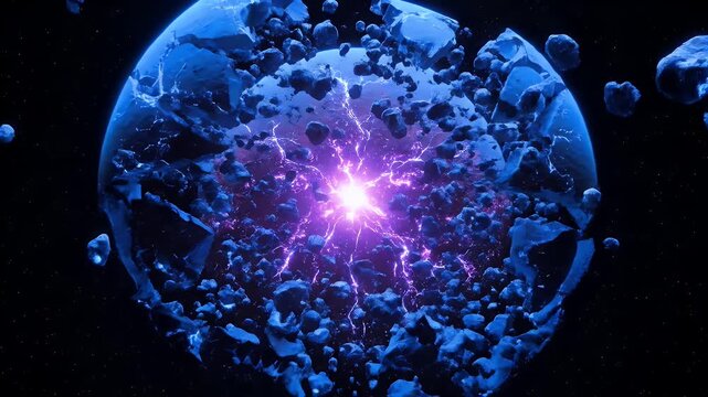 Exploding blue planet with electric energy core and floating asteroid debris