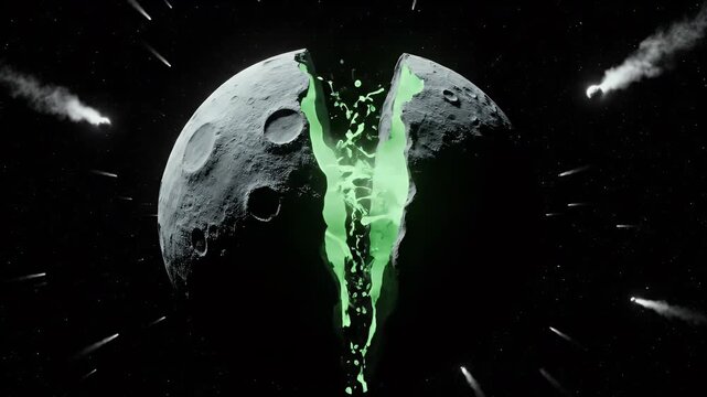 Cracked moon with glowing green liquid core floating in deep dark space