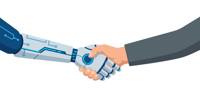 Human and robotic hands shaking hands symbolizing artificial intelligence partnership and collaboration flat vector illustration.