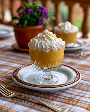 Traditional Peruvian Suspiro de Lime&ntilde;a Dessert in Crystal Goblet on Plaid Tablecloth