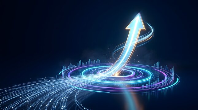 Futuristic digital dashboard with glowing upward arrow and financial bar charts representing business growth and market analysis
