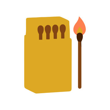 Matchstick with flame and matchbox.