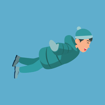 A flat vector illustration of a boy in winter clothing in a flying or sliding pose with arms extended, isolated on a blue background. Great for winter activity, kids, and holiday themed designs.