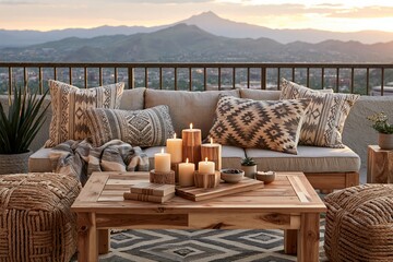 Obraz premium Cozy Outdoor Patio Seating Area with Boho Pillows, Candles, and Mountain Sunset View