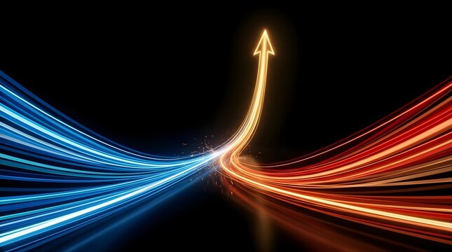 Converging blue and orange neon light trails forming upward arrow symbolizing successful partnership and financial rise