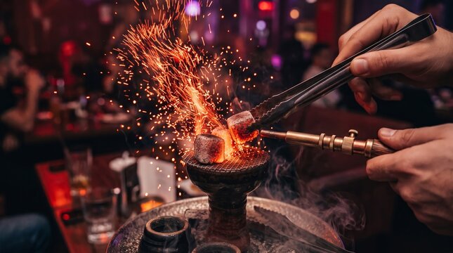 Close up of sparks as hookah coals are ignited with a flame. Concept for nightlife, relaxation, and energy, highlighting the vibrant atmosphere and sensory experience. Generative AI.