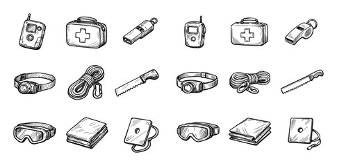Medical and outdoor survival design icons with walkie-talkie, first aid kit and rope for infographic design in hand drawn style © Olena