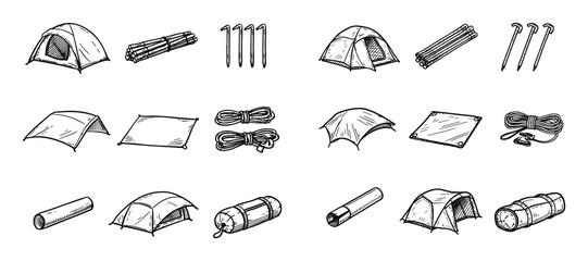 Camping and outdoor vector icons with tent, rope and peg for infographic design in hand drawn style © Olena