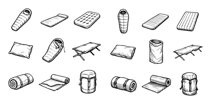 Camping and outdoor vector icons with sleeping bag, pillow and backpack for web app design in hand drawn style