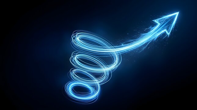 Abstract glowing blue spiral arrow pointing upwards representing technological progress and dynamic business growth