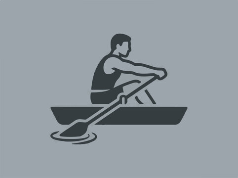 Rower in boat with oar on grey background