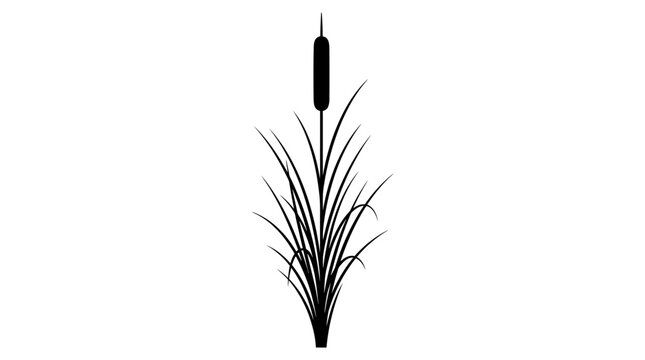 Cattail plant silhouette features a single, tall cattail stalk with its distinctive cylindrical head and surrounding long, slender leaves in solid black against a white background.