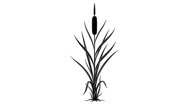 Single cattail plant with a cylindrical brown flower spike and tall, upright green leaves is rendered as a clean black and white illustration on a plain white background.