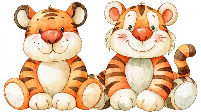 Two Adorable Watercolor Baby Tigers Sitting Together in a Cute Cartoon Style