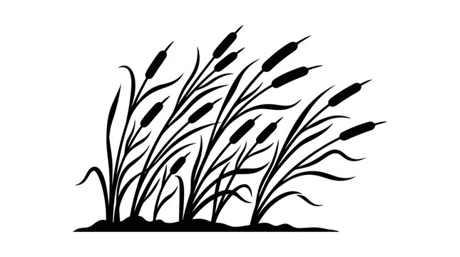 CAD tree lines Tree Black tree silhouette Black grass Black cattail silhouette vector, marsh reeds and bulrush plants blowing in the wind, swamp grass botanical illustration for nature decor