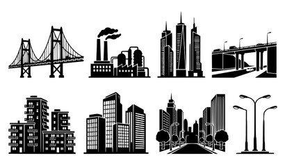 Obraz premium Modern Urban Infrastructure Silhouette Collection with Buildings Bridges and Streetlights