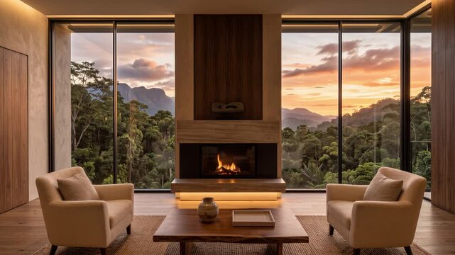 Luxurious modern living room with elegant fireplace, floor-to-ceiling glass windows overlooking lush rainforest on sunset background, 4K video
