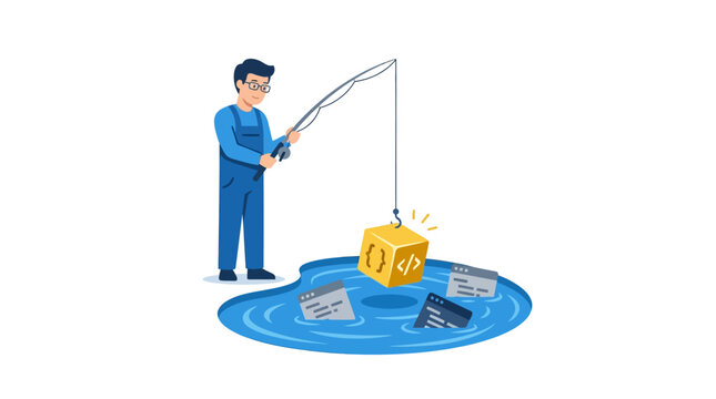 Software developer fishing for gold code block from a digital pool flat design vector illustration