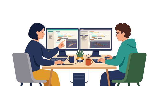Software developers collaborating on code during pair programming session in office flat design vector illustration.