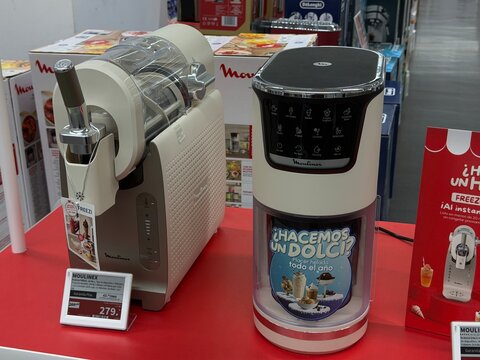 Mallorca, spain, july 09, 2026, moulinex ice cream maker display showcasing two kitchen appliances for making frozen desserts in a retail store
