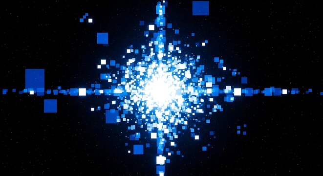 Bright blue digital explosion of square particles and light rays forming a glowing abstract energy star