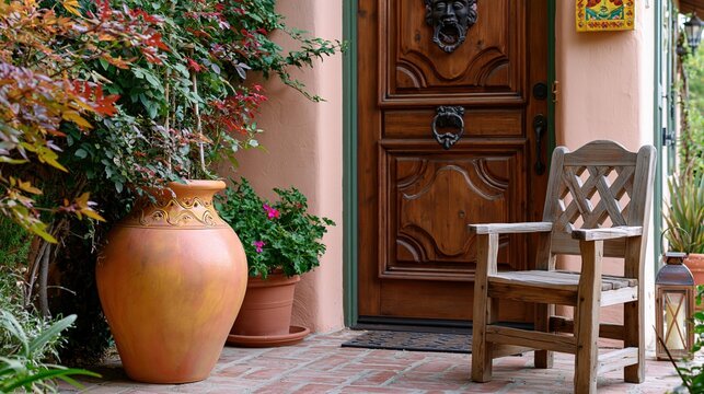 Rustic wooden door with antique lion head knocker and inviting chair on a patio with potted plants
