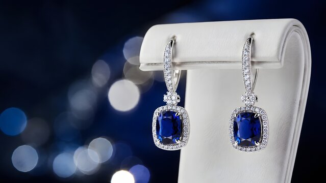 High quality studio photography of blue sapphire diamond drop earrings on display suitable for luxury jewelry brand marketing gift catalog and fine jewelry store banner