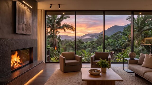 Luxurious modern living room with elegant fireplace, floor-to-ceiling glass windows overlooking lush rainforest on sunset background, 4K video