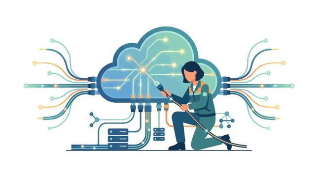 Female data engineer connecting glowing network cable to cloud computing infrastructure flat vector illustration.