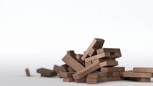 Jenga wooden puzzle tower collapse risk with falling tan and brown blocks on white background for instability concept