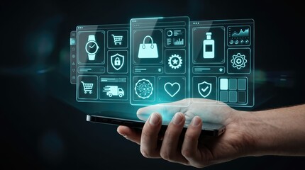 Fototapeta premium Hand holding smartphone with holographic shopping interface.