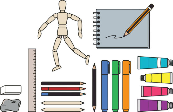 Creative collection of art supplies including sketchbook, pencils, markers, paint tubes, ruler, erasers, and artist mannequin for design inspiration showcase