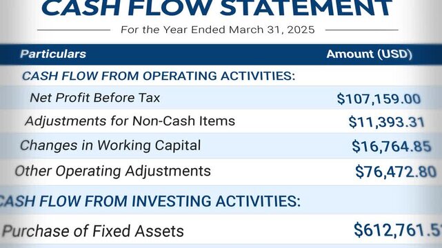 Cash Flow Statement Scrolling Animation. Net Profit, Sales, Income, Expenses, Finance, Report, Accounting Document, Budget Planning, Profit Management. 4K 2D Video Animation