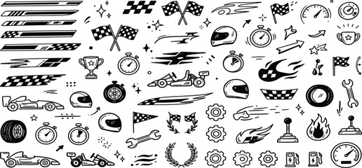 Race car lines. Racing stripe decals, Black and red speed line stripes, checkered patterns, typography for sport vehicle and boat tuning.  Isolated vector stickers set © gavi