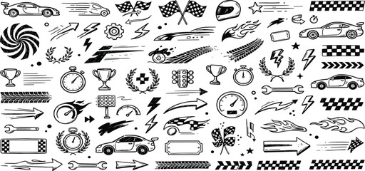 Race car lines. Racing stripe decals, Black and red speed line stripes, checkered patterns, typography for sport vehicle and boat tuning.  Isolated vector stickers set © gavi