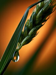 Obraz premium Close-up of green wheat stalk with dewdrop and orange background
