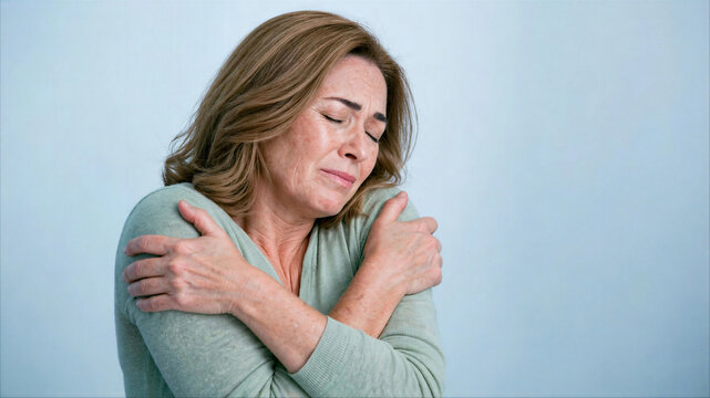 Middle-Aged Woman Expressing Sadness and Grief While Hugging Herself Against a Blue Background