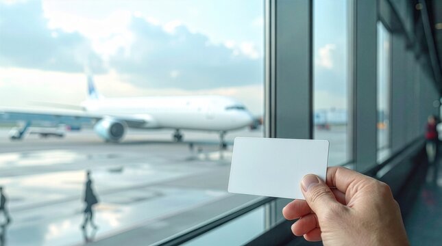 空港の窓辺で飛行機を背景に白いカードを持つ手のモックアップ