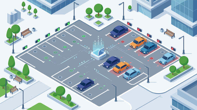 Futuristic automated smart parking system with digital sensor monitoring in urban city isometric vector illustration.