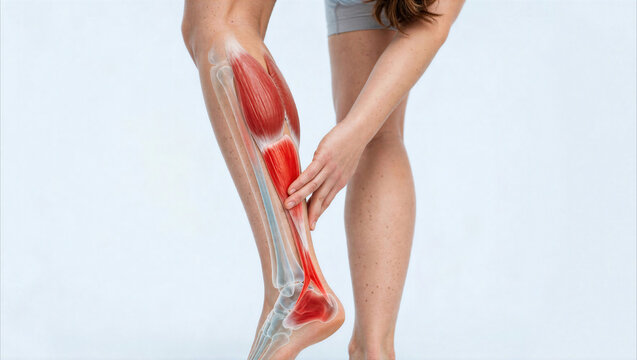 Medical illustration of calf muscle strain and Achilles tendon pain on a woman's leg.