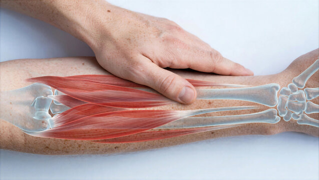Forearm Muscle and Bone Anatomy Overlay with Hand Pressing for Medical Diagnosis