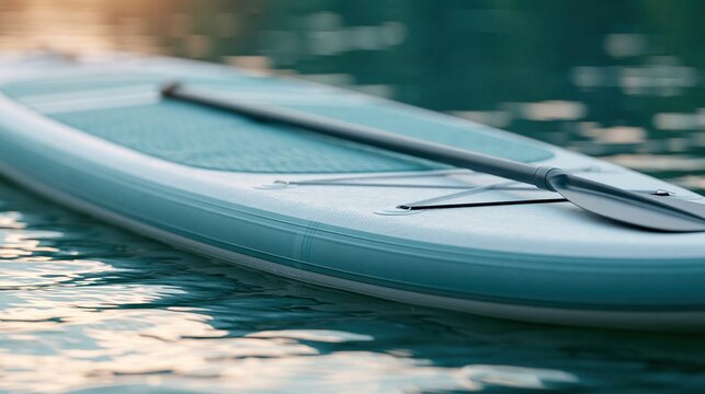 Close-up of a Stand Up Paddleboard with Paddle Resting on Water Surface