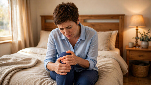 Middle-aged woman sitting on bed in pain holding her aching knee at home