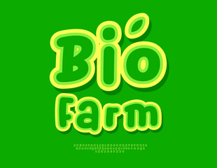 Naklejka premium Vector Wellness concept Bio Farm. Bright Green Sticker Font. Unique Handwritten Alphabet Letters and Numbers set.